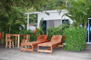 扎普祖罗Hostal Hilltop Sapzurro的庭院设有两把椅子和一张长凳