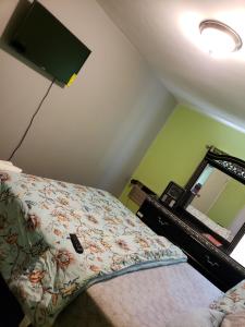 布朗克斯Comfortable holiday homestay的一间卧室配有一张床、一盏灯和一面镜子