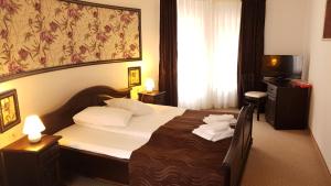 陶比斯特拉Hotel Popasul Regelui Transalpina的配有两张枕头的床的酒店客房
