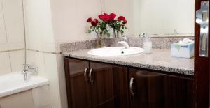 迪拜Hostel Dubai的浴室设有水槽,柜台上装饰有红色玫瑰