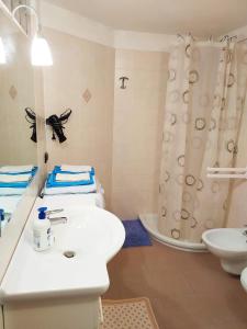 韦扎诺乐贝图勒公寓的浴室配有白色水槽和淋浴。