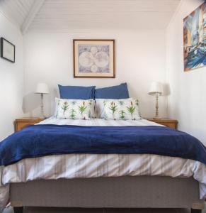 约翰内斯堡Springbank Guest Suite的一间卧室配有一张带两盏灯的蓝色和白色的床。