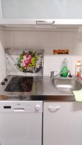 奥斯特巴特宁哈根Sommerferienhaus的厨房柜台设有水槽和插花