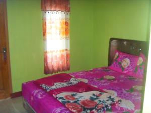 布罗莫卡优布罗莫民宿的一间卧室配有一张带粉色床单的床和一扇窗户。