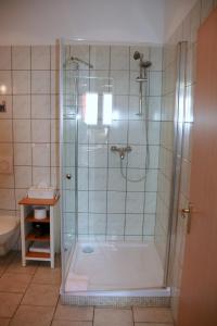 吕本Romantik Landhaus & Pension Klaps Liebling的带淋浴的浴室和玻璃门