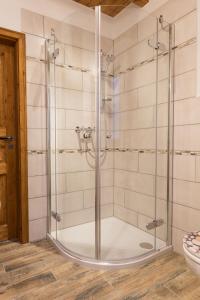 库罗阿尔滕堡Haus Waldfrieden的浴室里设有玻璃门淋浴
