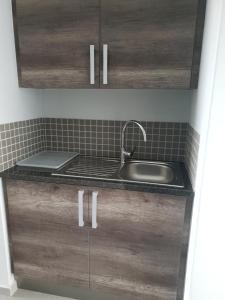 LangstrandBayview Suites, Unit 9, Room # 13的一个带木制橱柜和水槽的厨房