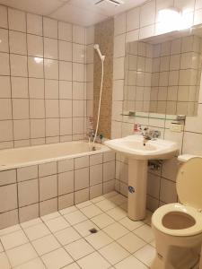 新竹Hsinchu Shih business hall的浴室配有卫生间、盥洗盆和浴缸。