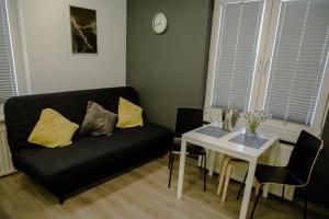 威利兹卡ULMA studio的客厅配有黑色沙发和桌子