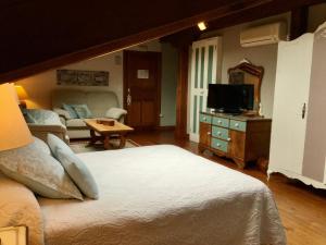 擞莫Posada La Llosa de Somo的一间卧室设有一张床和一间客厅。