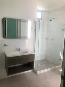 巴兰基亚Hotel Suites Caribe的浴室配有盥洗盆和带镜子的淋浴