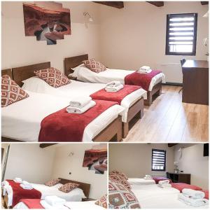 松博尔Stari Slon的一间设有三张红色和白色床单的房间