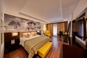班加罗尔Hotel Royal Orchid Bangalore的一间酒店客房,配有一张床和一台电视