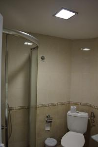 韦林格勒Стаи за гости "Нина"的一间带卫生间和玻璃淋浴间的浴室