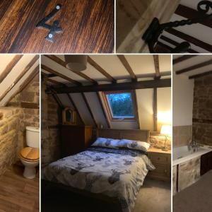 赫里福德Crosskeys Inn Guest Rooms in Wye Valley的一间卧室配有一张床,一间卫生间位于客房内