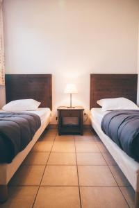 普赖萨克Terres de France - Domaine de Claire Rive的客房设有两张床和一张带台灯的桌子。