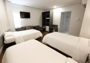 帕图斯迪米纳斯Fratele Business Hotel的酒店客房设有三张床和电视。