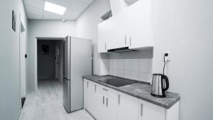 比得哥什Rooms Śląska的白色的厨房配有水槽和冰箱