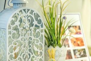 曼谷德拉文德曼谷酒店的一张桌子,上面有玻璃瓶,镜子和植物