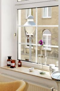 赖兴巴伊姆福格特兰米勒斯阿尔特巴克斯图膳食公寓酒店的窗台上花瓶上的一扇窗户
