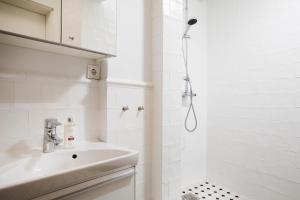 雷克雅未克欧登塞酒店公寓的带淋浴和盥洗盆的白色浴室