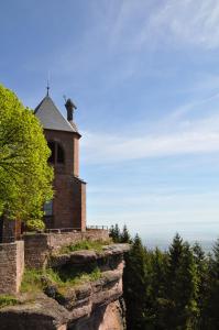 奥特罗特Hôtel-Restaurant Mont Sainte-Odile的一座教堂,位于山顶,树木繁茂