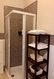 焦亚德尔科莱Dimora del Castellano的浴室设有镜子和带毛巾的架子
