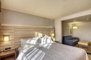 密尔沃基快捷假日酒店及套房密尔沃基机场的一间卧室配有一张床和一把椅子