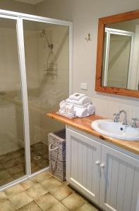 丹马克William Bay Cottages的带淋浴和盥洗盆的浴室
