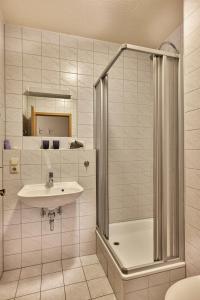 ObernzellLandhotel Donaublick的一间带水槽和淋浴的浴室