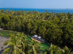 芭环礁马尔代夫梦乡度假村的享有绿色河流的度假胜地的空中景致