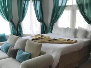 哥伦比亚佩拉琳娜哥伦比亚酒店的一间卧室配有一张带绿色窗帘的床和一张沙发