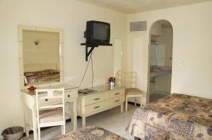 德利西亚斯El Dorado Inn的一间卧室配有书桌、电视和床。