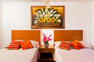 巴亚尔塔港波萨达德罗杰酒店的墙上画画的房间里设有两张床