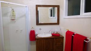 吉斯伯恩克莱哥特庄园旅馆的浴室配有水槽和带红色毛巾的淋浴