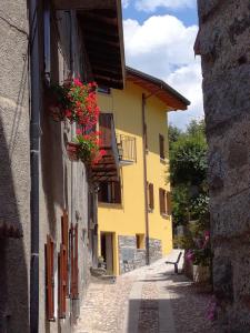 埃多洛Casa Ramus Valle Camonica a 30 km dal Passo Tonale的楼边有花盒的小巷