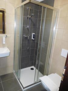 乌赫尔堡Hotel Fabrika的浴室里设有玻璃门淋浴