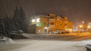 奥蒂塞伊埃尔维斯公寓的一条雪覆盖的街道,后面有一座建筑
