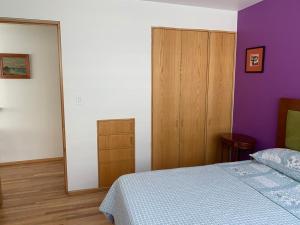 墨西哥城Departamentos Pánuco的一间卧室配有一张床和紫色的墙壁