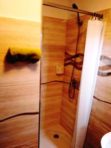 比克Tulipán Apartman的玻璃门淋浴和黄毛巾