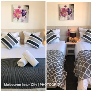 墨尔本Melbourne Inner City Holiday Home Near CBD & Flemington的两张带两张床的酒店客房的照片