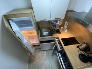 汉诺威汉诺威/拉岑公寓的小厨房享有高空的景致,配有开放式冰箱。
