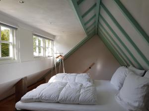 CromvoirtDe Cromvoirtse Bed and Breakfast的一张位于带2扇窗户的房间角落的床铺