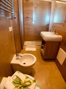 夸利亚诺斯密拉尔多酒店的浴室配有卫生间、盥洗盆和淋浴。