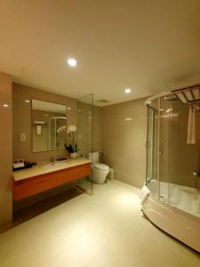 胡志明市Saigon Hotel的带浴缸、水槽和淋浴的浴室