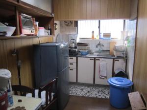 琴平町Guesthouse Kotohira的一间带冰箱和水槽的小厨房