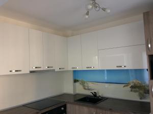布尔加斯Апартамент Мони的一间厨房,配有白色橱柜和鱼缸