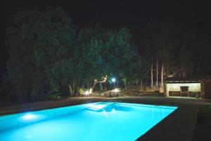 奥尔塔-德圣胡安Casa rural Mas del Serranet的夜间大型蓝色游泳池