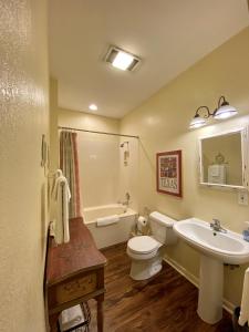 新布朗费尔斯Comal Inn的浴室配有盥洗盆、卫生间和浴缸。