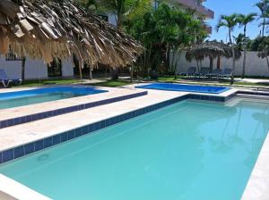 璜多里奥美丽殿酒店的一座拥有蓝色海水和棕榈树的游泳池